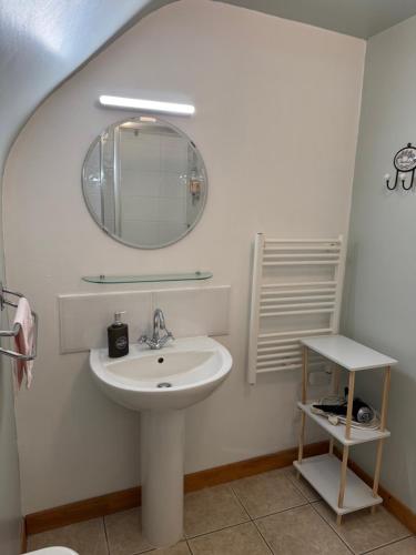 une salle de bain avec un lavabo et un miroir dans l'établissement Chambre de Rose - Le Refuge des Parachutistes - en bordure du marais, à Neuville-au-Plain