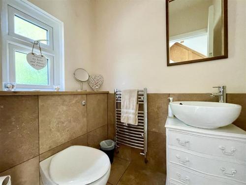 a bathroom with a toilet and a sink and a mirror at Home from home in Hastings