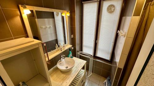 a small bathroom with a sink and a mirror at Residence Montlosier in Le Mont-Dore