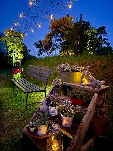 a table with potted plants and lights and a bench at La Remise - Les Chambres in Neufchâteau