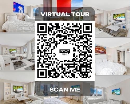 Un collage de fotos de un dormitorio con un recorrido virtual y un scan me en Beachwalk Resort - BRIGHT OCEAN VIEW CONDO LUXURY 3BDR, en Hallandale Beach