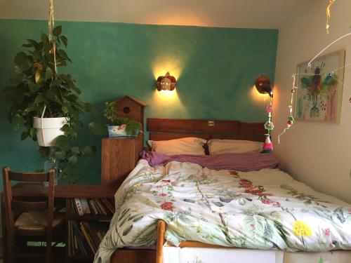 Ce lit se trouve dans une chambre dotée d'un mur vert. dans l'établissement Petite maison d'artitstes en Provence, à Auriol