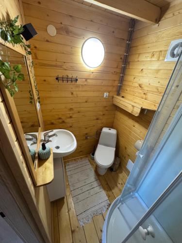 an overhead view of a bathroom with a toilet and sink at Na Piaskach Agroturystyka Domek pod Lipą in Narol