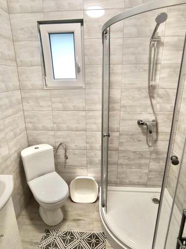 a bathroom with a shower and a toilet and a sink at Domki Letniskowe SOHO in Bobolin