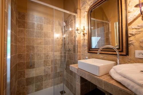 a bathroom with a sink and a shower at Les charpentes des communs du Château du Sollier - Charme Calme Confort Climatisation à 5mn du péage in Bourges