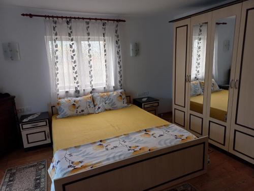 a bedroom with a bed and a large mirror at Casa Maria in Jurilovca