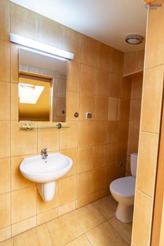 a bathroom with a sink and a toilet at Tani skosik w MOSiRze in Sanok