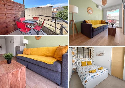 un collage de photos d'un salon avec un canapé et une table dans l'établissement T2 cosy avec terrasse & parking à 2 pas du port, à La Ciotat