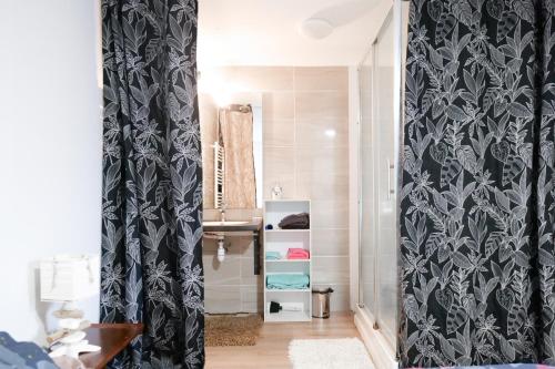 La salle de bains est pourvue d'un rideau de douche noir et d'un lavabo. dans l'établissement souplex sur le port des sables pour 4 personnes, à Les Sables-dʼOlonne