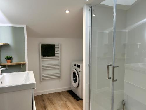 une salle de bain avec un lavabo et une machine à laver dans l'établissement Le Botanique, à Saint-Médard-de-Guizières