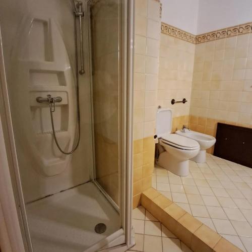 a bathroom with a shower and a toilet at La Casa di Birba in Acquedolci