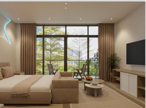 a bedroom with a large bed and a large window at Grand Central Hotel- Vinhomes Ocean Park 3 in Ðình Loan