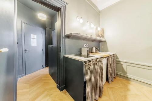 une cuisine avec un évier et un plan de travail dans l'établissement L’Augustine, appartement atypique, hyper centre, à Rennes