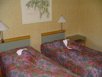 a hotel room with two beds and two lamps at Sanna Kroa Motell och Restaurang in Vintrosa