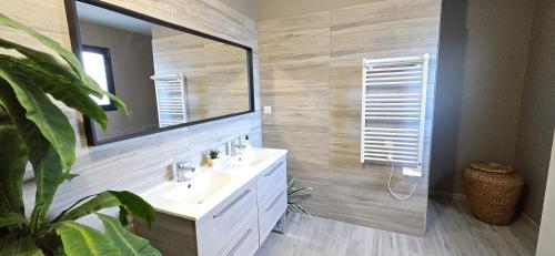 une salle de bain avec un lavabo et un miroir dans l'établissement Villa Murène - Détente en bord de mer, entre Sérignan et Valras-Plage, à Sérignan