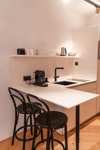 a kitchen with two chairs and a counter with a sink at H5 Grauer Bär Studios & More in Innsbruck