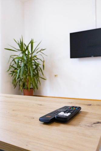a remote control sitting on top of a wooden table at Apartma Frigidum in Vipava