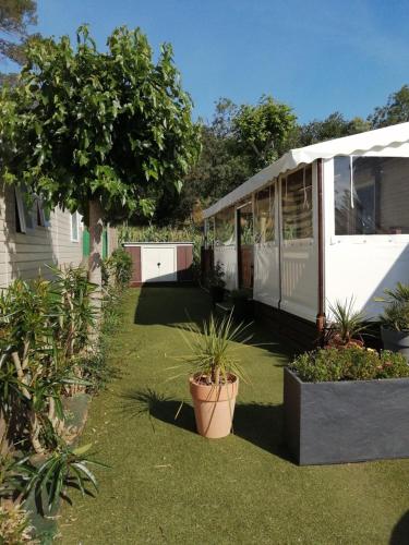 une maison avec une cour ornée de plantes en pot dans l'établissement Mobil home tout équipé 6 places au calme Fréjus, à Fréjus