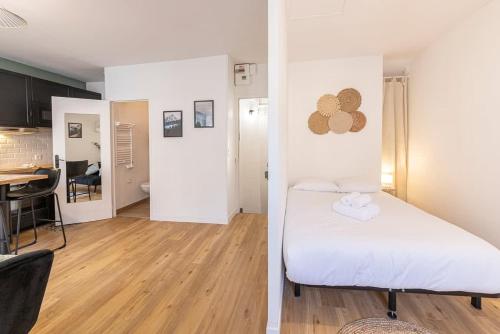 Il comprend une chambre et un salon avec un lit et une cuisine. dans l'établissement Coquelin - Joli appartement rénové, à Rennes