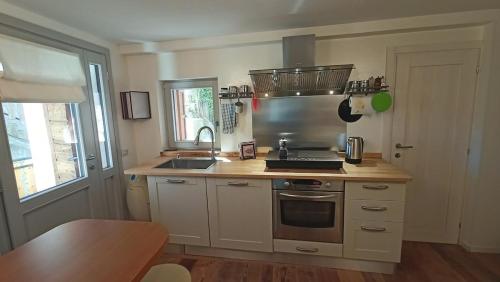 a kitchen with a sink and a stove top oven at Casa Adamossi Lombardini in Alpe di Bondeno