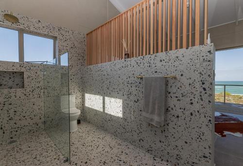 baño con ducha, aseo y ventana en Gratitude, en Struisbaai