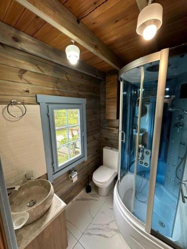 a bathroom with a shower and a sink and a toilet at Dream House in Batumi
