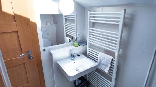 a bathroom with a white sink and a mirror at Villa Aspen in Demanovska Dolina