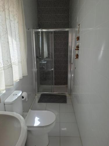 a bathroom with a shower and a toilet and a sink at Il-Qastna Holiday House in Żejtun