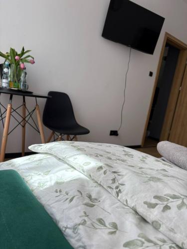 a bedroom with a bed with a television and a chair at Słoneczny Zakątek in Suwałki