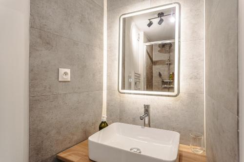 a bathroom with a sink and a mirror at Gabae Les Volets Verts in Puyravault