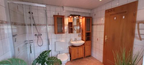a bathroom with a sink and a toilet and a shower at Büsumhaus Birgit in Büsum