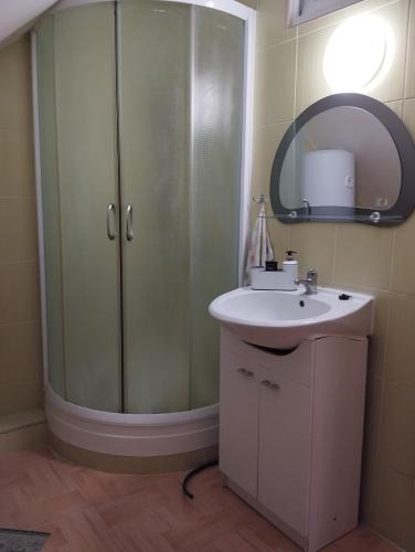 a bathroom with a shower and a sink and a mirror at Apartmán Greenhouse in Budikovany
