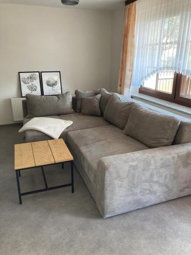 a living room with a couch and a table at Ferienwohnungen am Louisenteich in Frauendorf