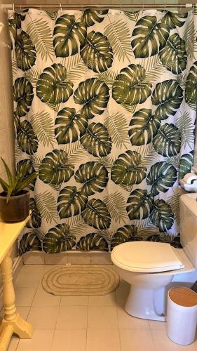 a bathroom with a toilet and a wallpaper with plants at Casa Sanuk in Poio