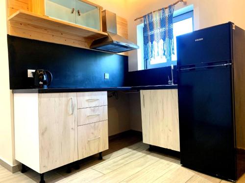 a kitchen with a black refrigerator and wooden cabinets at Iniohos Zante Hotel & Suites in Argasi