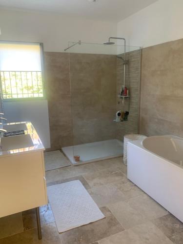 une salle de bain avec une baignoire, un lavabo et une douche dans l'établissement A L'OMBRE DES GLYCINES maison avec piscine 7 personnes, à La Verdière