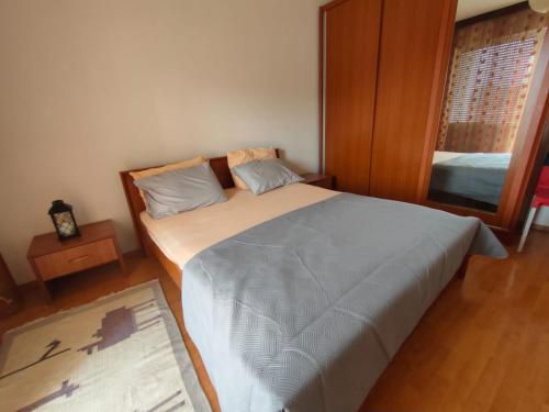 a bedroom with a large bed and a mirror at MiNa Apartments in Petrovac na Moru
