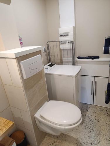 a small bathroom with a toilet and a sink at Le repère champêtre in Tréméreuc