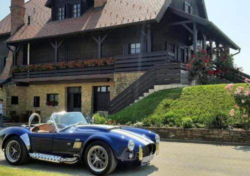 a blue car parked in front of a house at Rooms Bolfan Vinski Vrh in Hrašćina