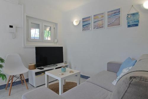 a living room with a couch and a tv at Maria's House in Costa da Caparica