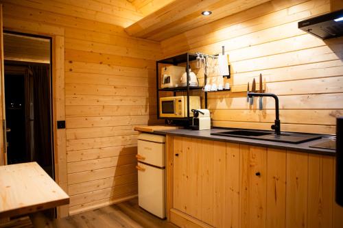 a kitchen with a sink and a microwave in a cabin at Quinta do Prado Verde in Vilar Formoso