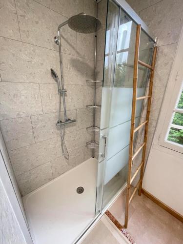 a shower with a glass door in a bathroom at Le chant de l'eau in Uzerche