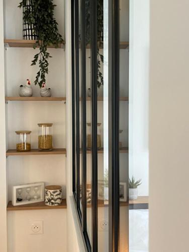 une pièce avec des étagères en verre sur lesquelles se trouvent des plantes dans l'établissement L'Ancre Douce - Romantique et Cocooning, à Vannes