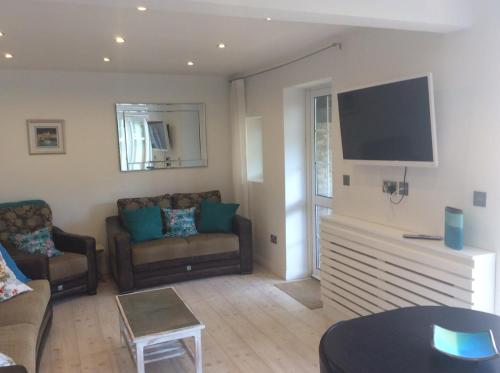 a living room with a couch and a flat screen tv at Garden bungalow - separate entrance in Watford