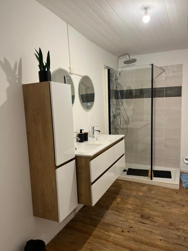 a bathroom with a white sink and a shower at La ferme 