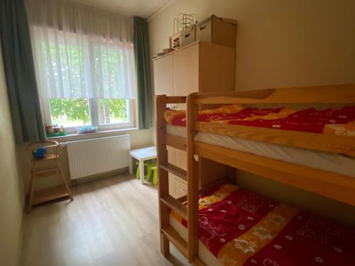 Un dormitorio con dos literas y una ventana. en Haus Merten, en Arnstadt