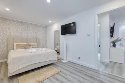 a bedroom with a bed and a tv on the wall at Vita Portucale ! Santa Clara Terrace & Jacuzzi in Lisbon