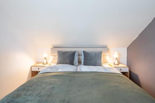 a bedroom with a large bed with two lamps at BalatonGardens Apartman in Balatonudvari
