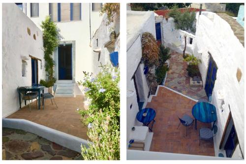 two pictures of a building with a table and chairs at Clive and Bifi's house in Lachania