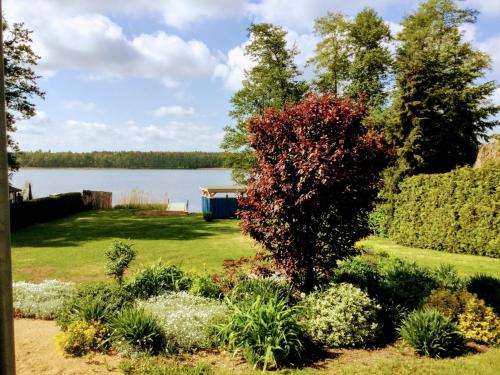 a garden with a view of a lake at Feriengrundstück Direkt Am See Für 2 Erwachsene Und 3 Kinder in Dabel